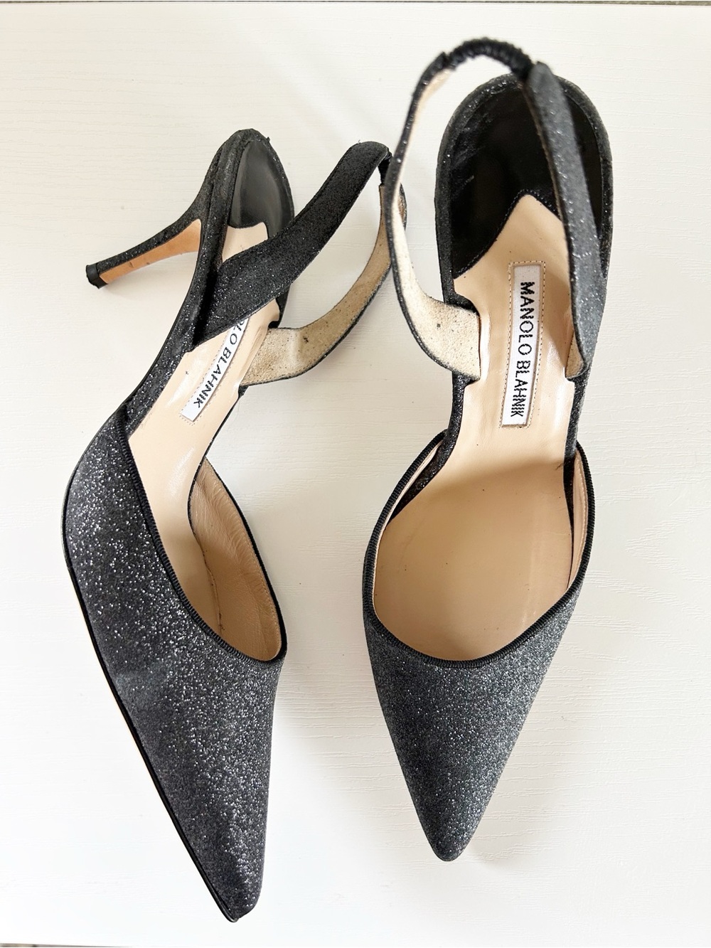 Manolo Blahnik Carolyne Pointed Slingback Pumps Black Metallic Glitter EU41 US11
